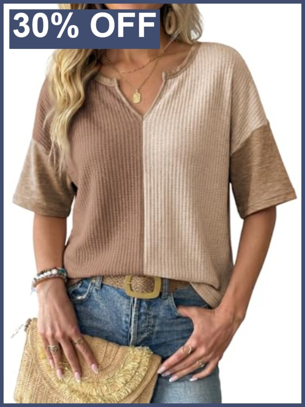 Waffle Knit Colorblock Patchwork Half Sleeve V-Neck Tunic Top